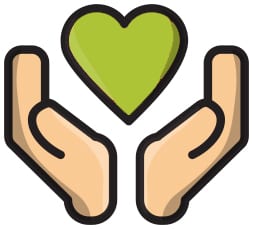 green heart on hand icon on a white background