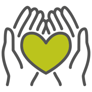 icon of twos hands holding a green heart on a white background