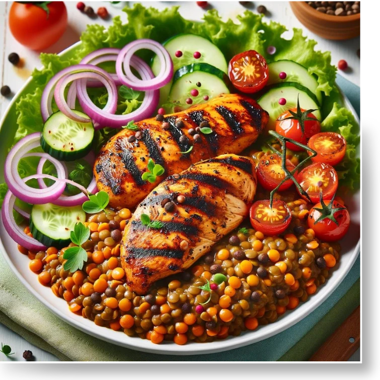 Lentil Rice with Chicken Shawarma and Salad